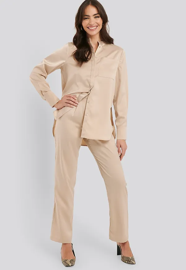 NA-KD Classic High Rise Satin Pants - Beige