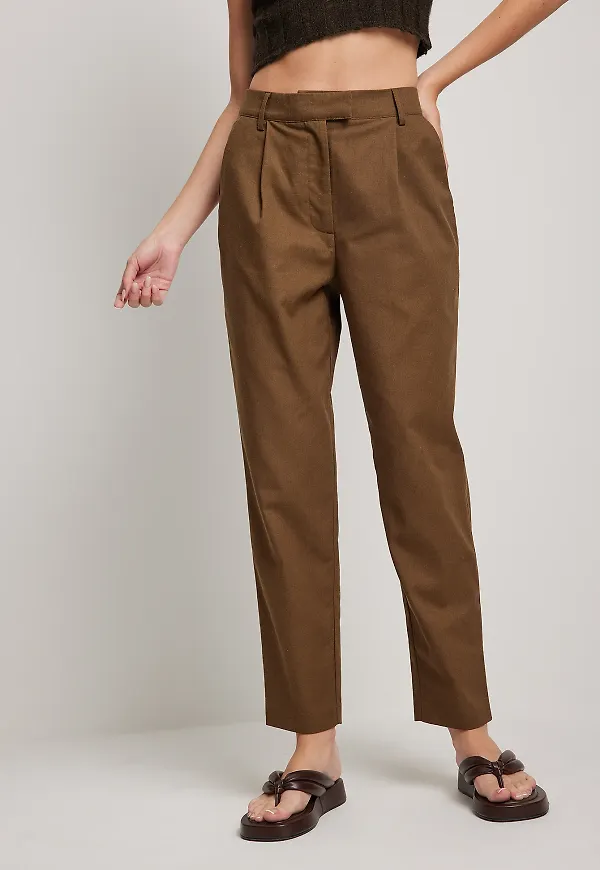 NA-KD Classic Linen-blend Chinos - Brown
