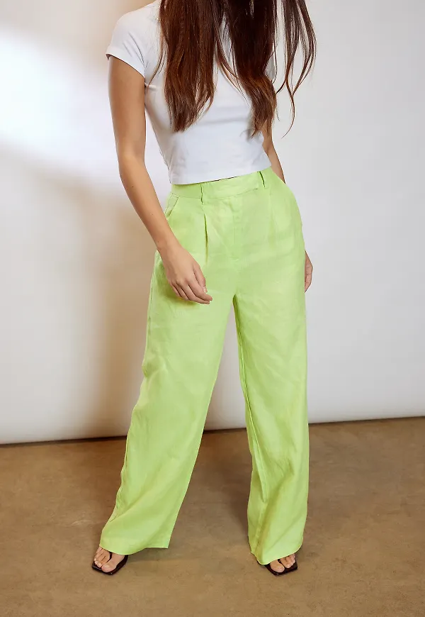 NA-KD Classic Linnebyxor med vida ben - Green