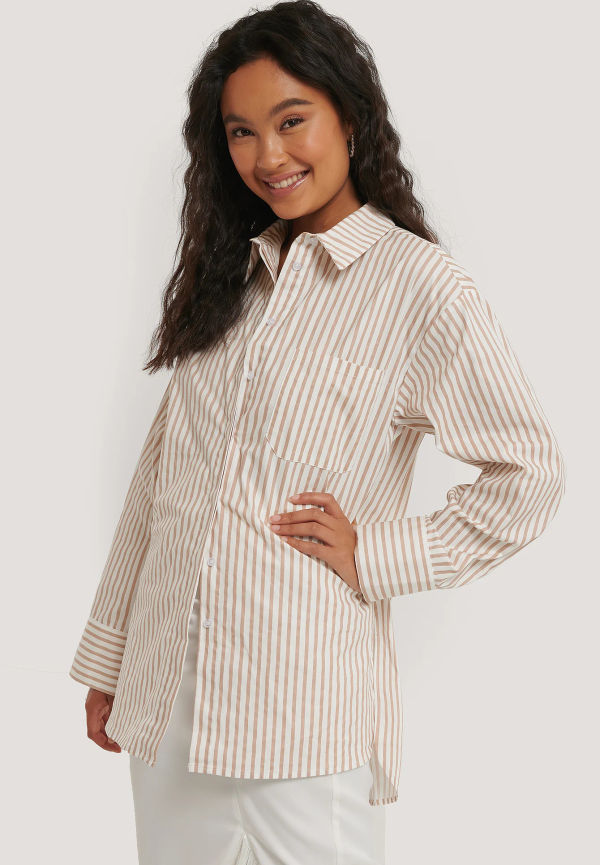 NA-KD Classic Oversize Bomullskjorta Med Ficka - White,Beige
