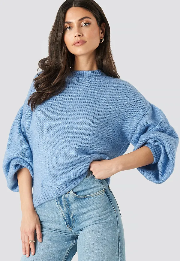 NA-KD Crew Neck Volume Sleeve Knitted Sweater - Blue
