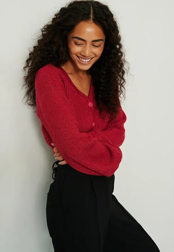 NA-KD Croppad stickad lurexkofta - Red
