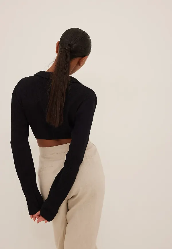 NA-KD Cropped Long Sleeve Blouse - Black