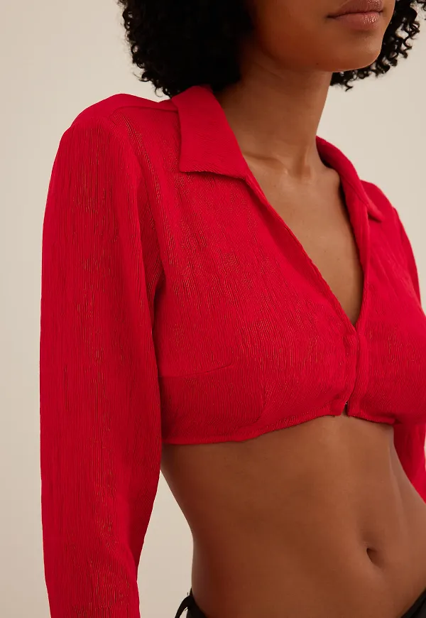 NA-KD Cropped Long Sleeve Blouse - Red