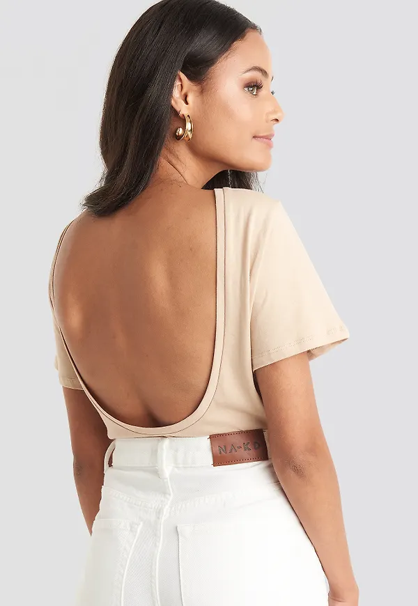 NA-KD Deep Back Tee - Beige