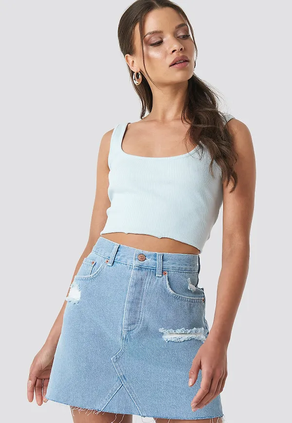 NA-KD Distressed Denim Skirt - Blue