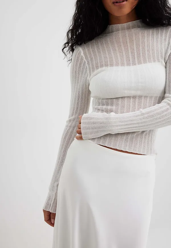 NA-KD Finstickad långärmad topp - Offwhite