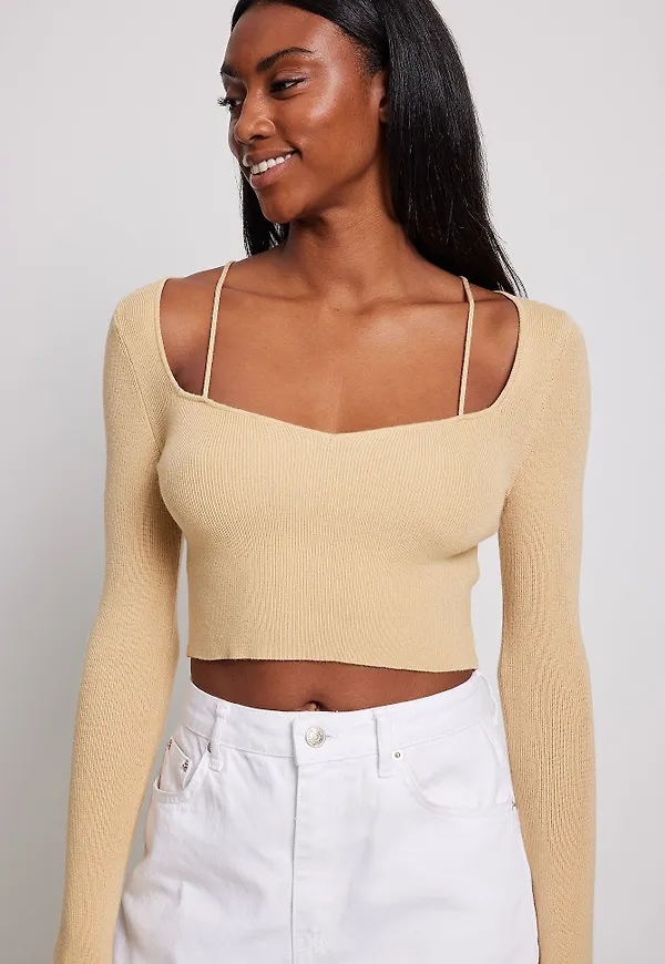 NA-KD Finstickad topp - Beige