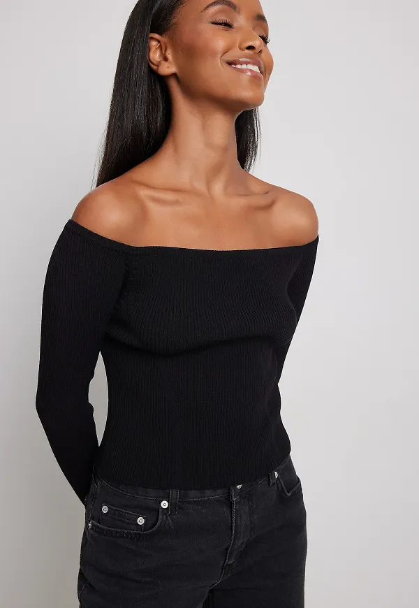 NA-KD Finstickad topp utan axlar - Black