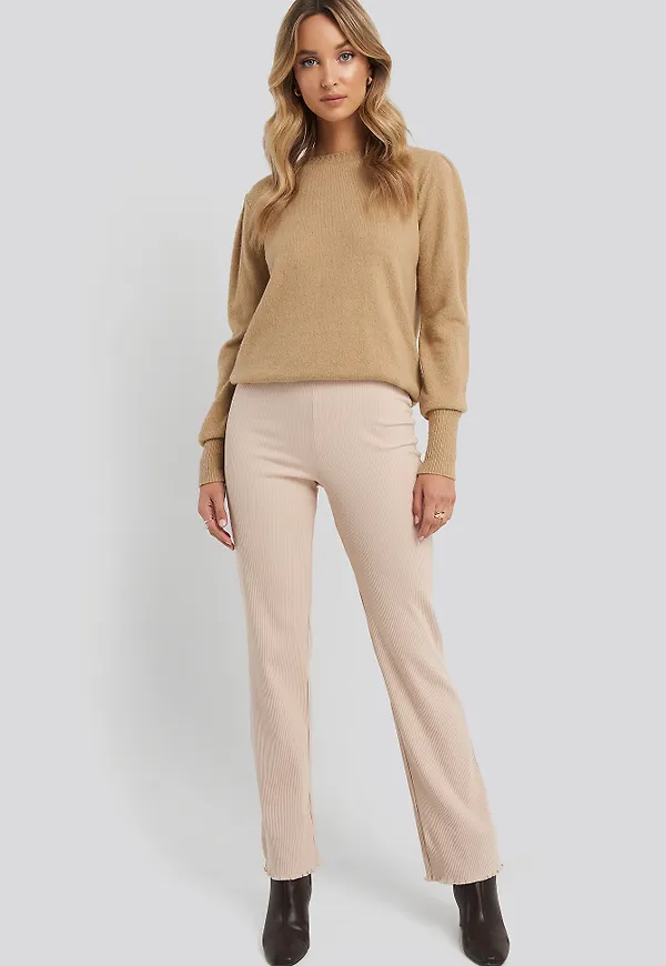 NA-KD Flare Ribbed Pants - Beige