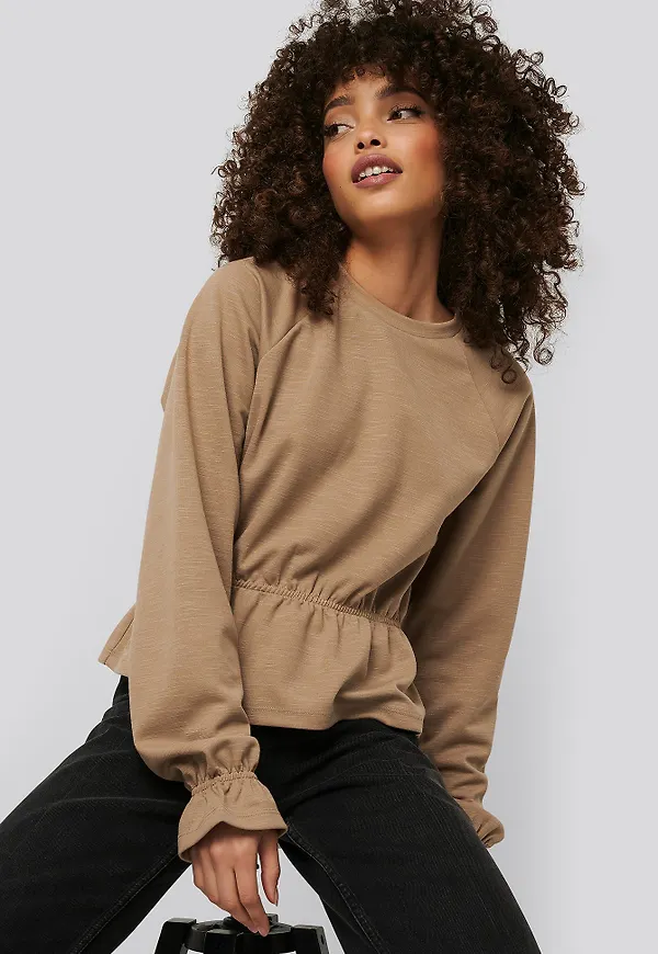 NA-KD Flounce Detail Jersey Top - Beige