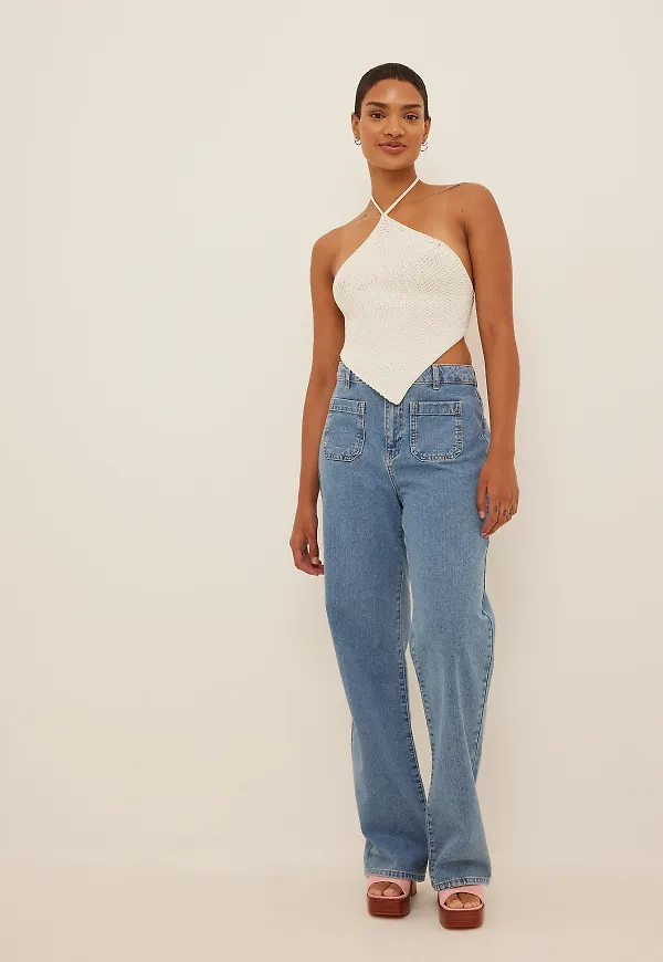 NA-KD Front Pocket Straight Denim - Blue