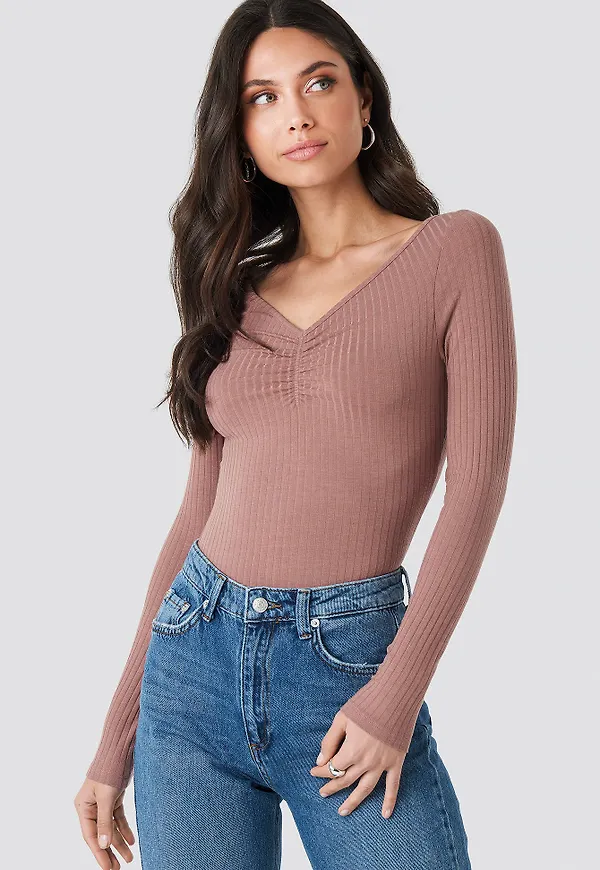 NA-KD Front Ruched Ribbed Top - Pink