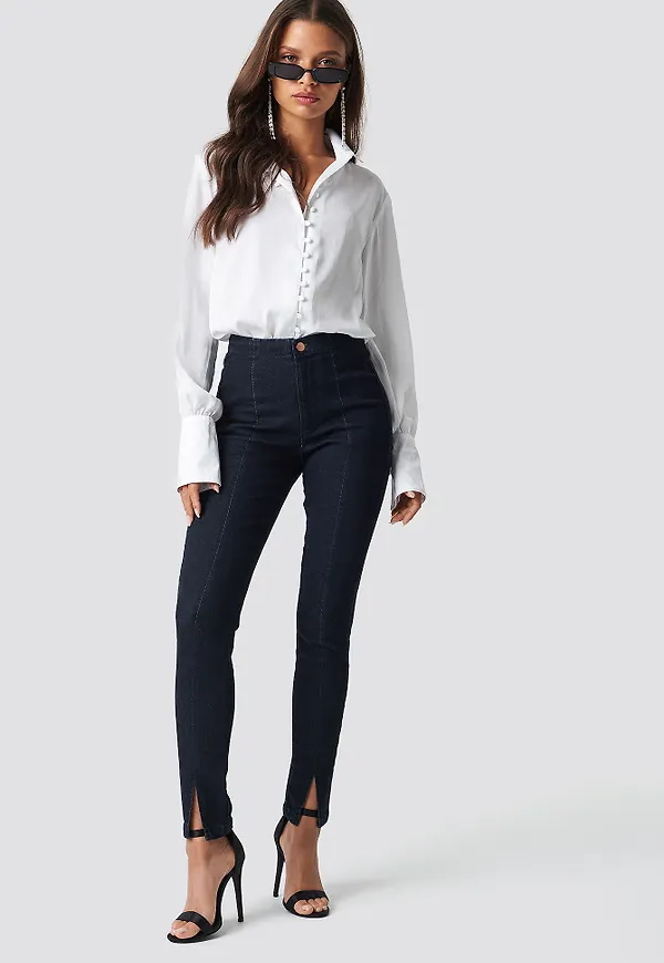 NA-KD Front Slit Denim Pants - Blue