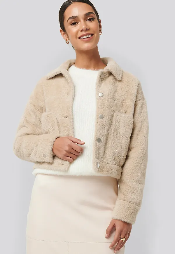 NA-KD Hairy Faux Fur Jacket - Beige