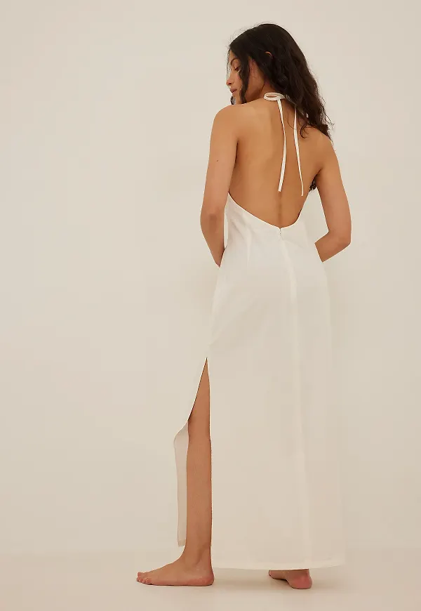 NA-KD Halterneck Denim Dress - Offwhite