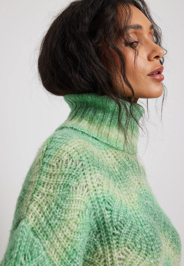 NA-KD Kabelstickad tröja med turtleneck - Green,Stripe