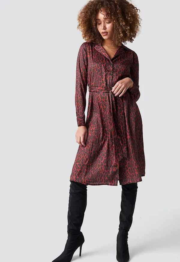 NA-KD Leopard Tie Satin Dress - Red