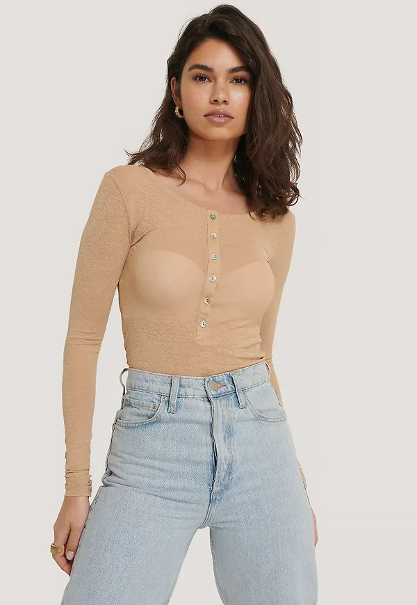 NA-KD Light Button Up Long Sleeve Top - Beige