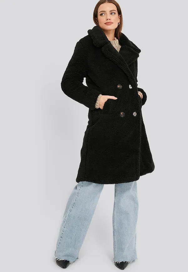 NA-KD Long Teddy Coat - Black