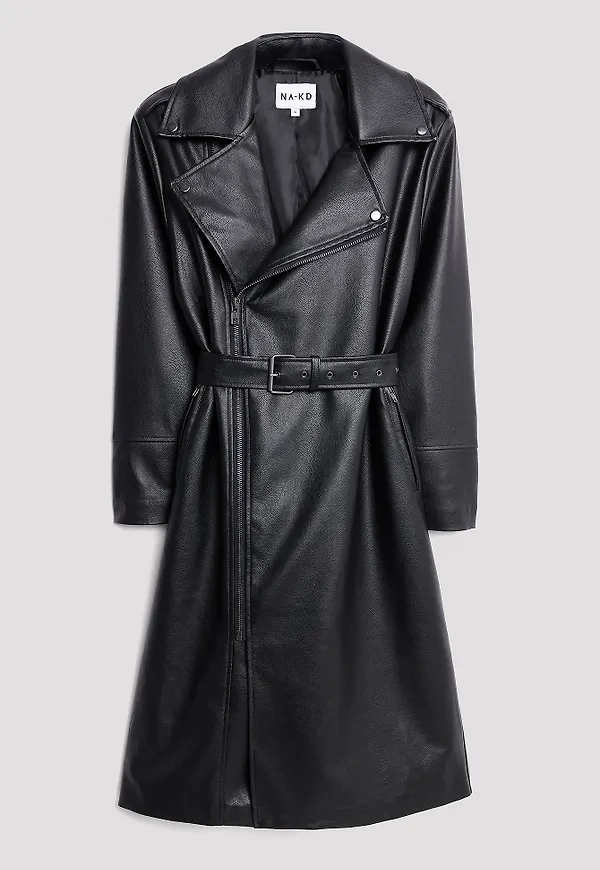 NA-KD Lång biker-trenchcoat i PU - Black