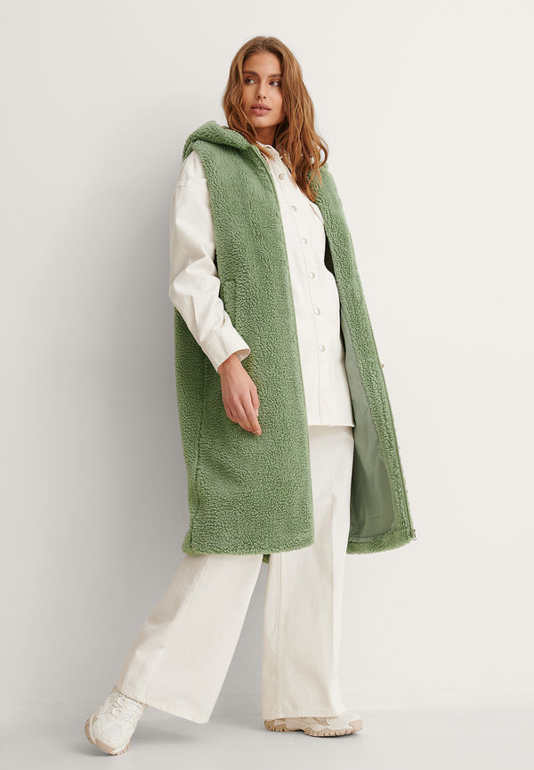 NA-KD Lång teddyväst - Green