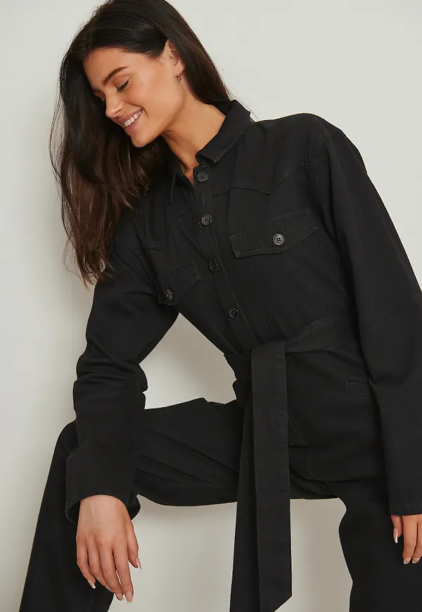 NA-KD Långärmad denimjumpsuit - Black