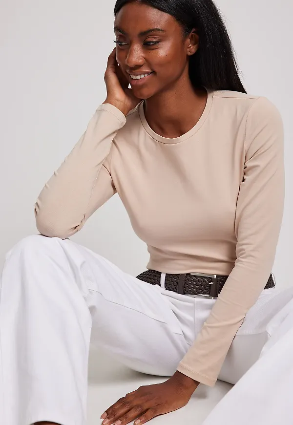 NA-KD Långärmad åtsittande topp - Beige
