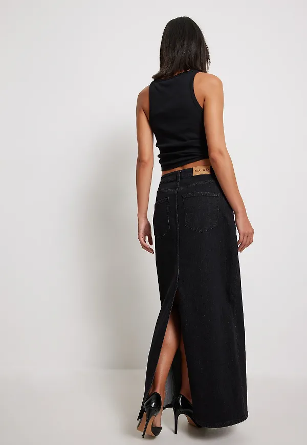 NA-KD Maxikjol i denim - Black