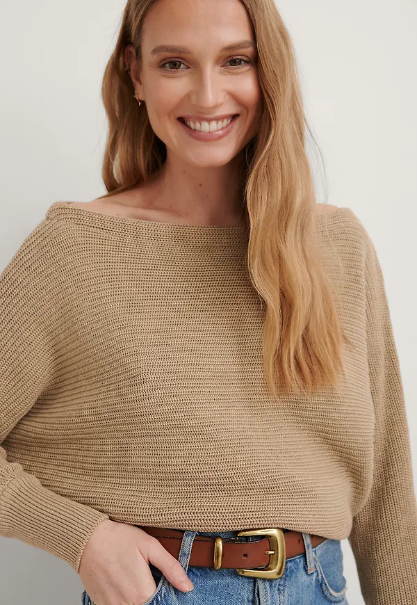 NA-KD Off Shoulder Knitted Sweater - Beige