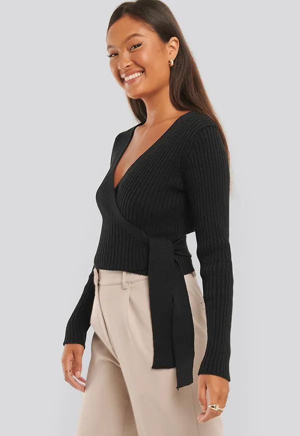 NA-KD Overlap Ribbed Knitted Sweater - Black