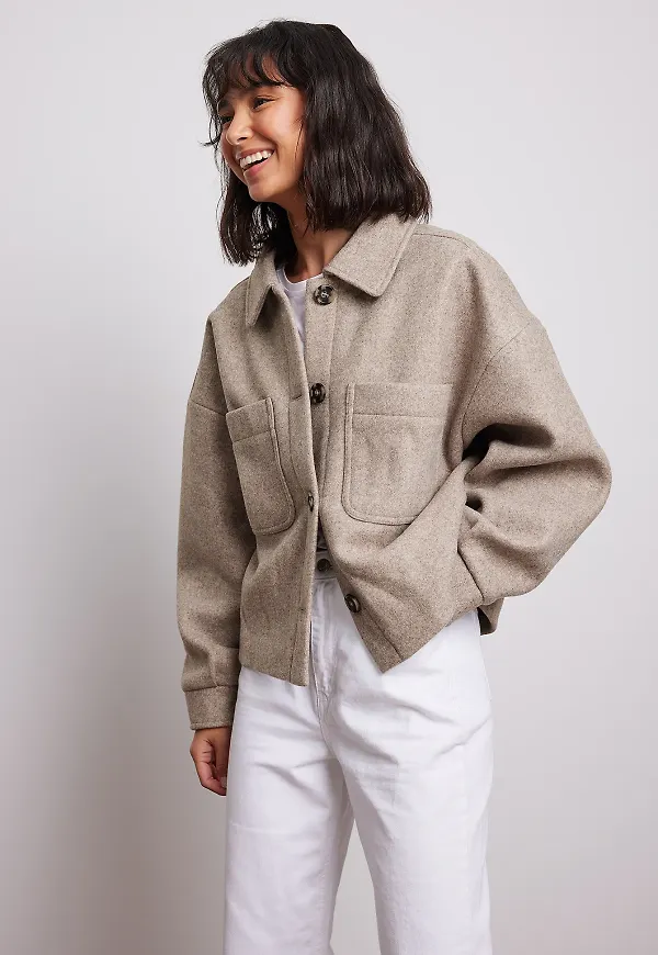 NA-KD Oversize, kort jacka i ullblandning - Beige