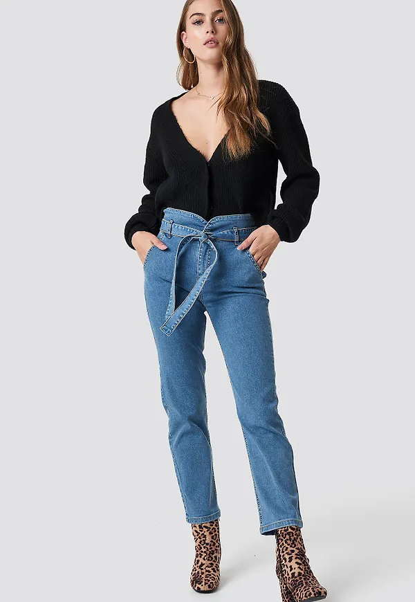 NA-KD Paperbag Denim Pants - Blue