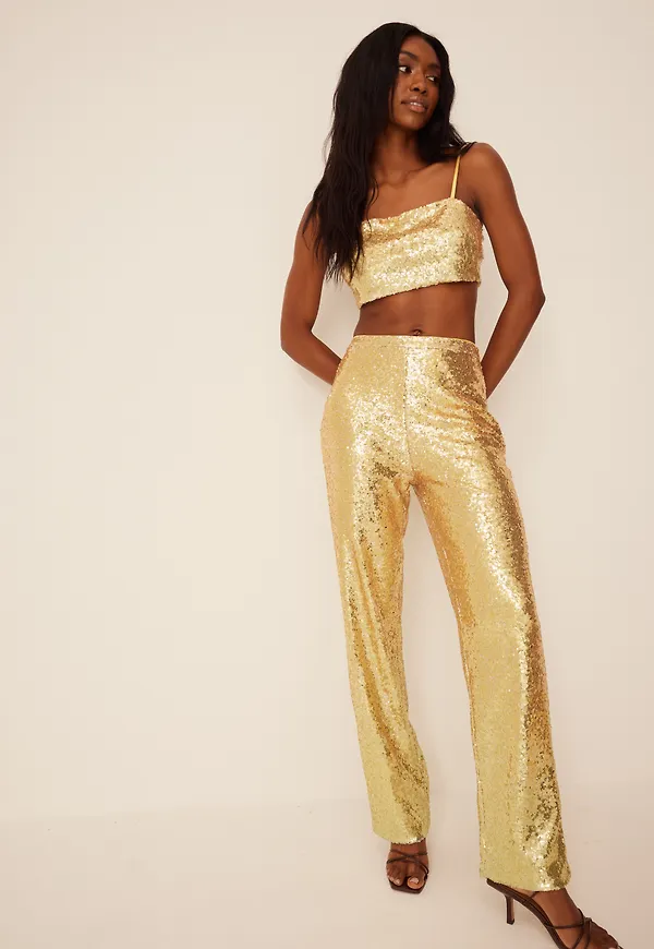 NA-KD Party Byxor med skimrande detaljer - Yellow,Gold