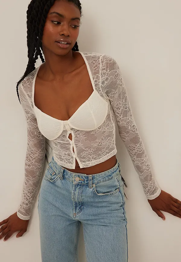 NA-KD Party Cardigan med spetskupa - Offwhite