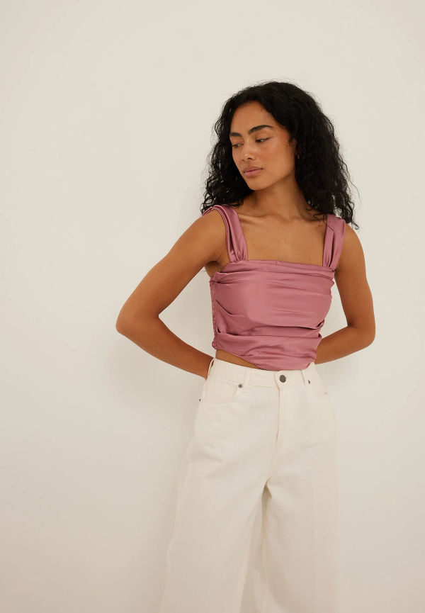 NA-KD Party Gathered Front Satin Cropped Top - Pink
