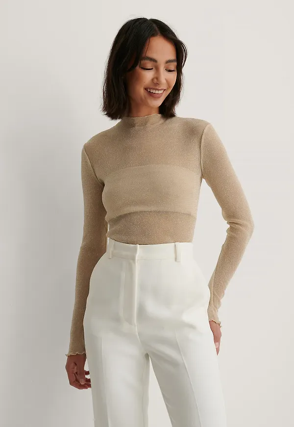 NA-KD Party Glittery High Neck Mesh Top - Gold