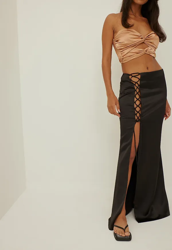 NA-KD Party Lacing Detail Maxi Satin Skirt - Black