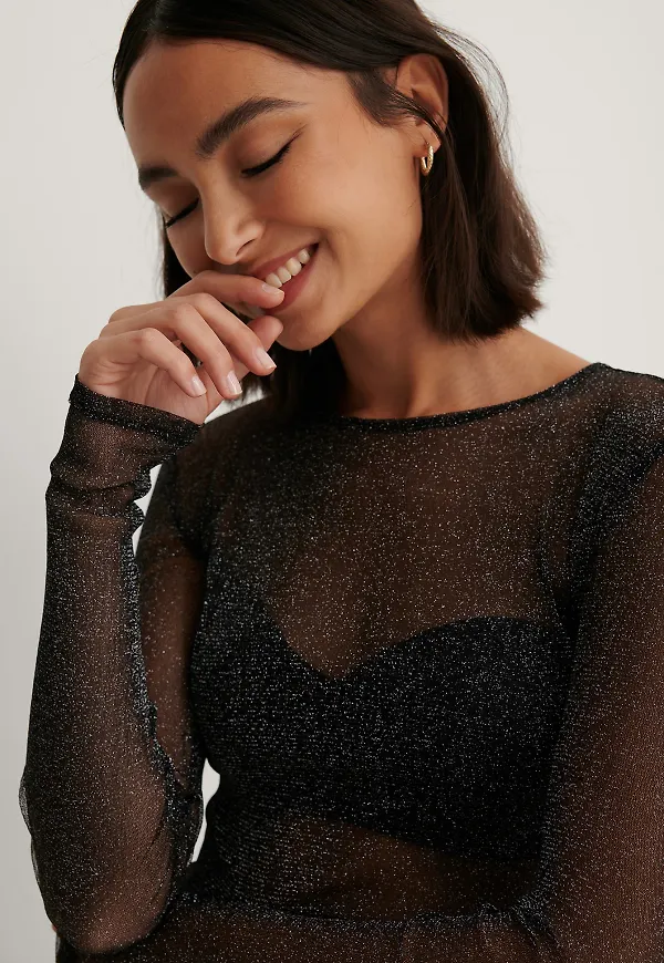 NA-KD Party Long Sleeve Glitter Mesh Top - Black