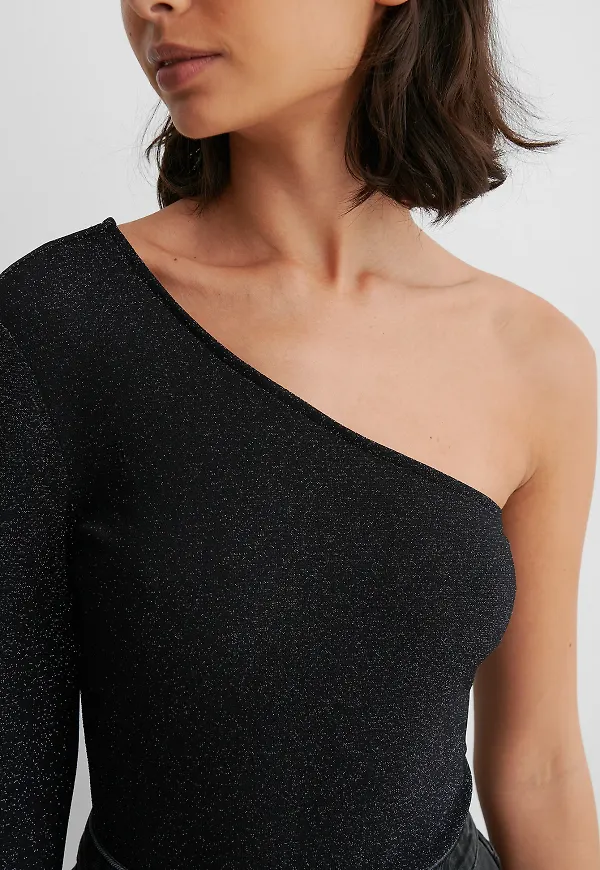 NA-KD Party One Shoulder Glitter Top - Black