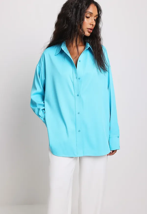 NA-KD Party Oversized skjorta i taft - Blue