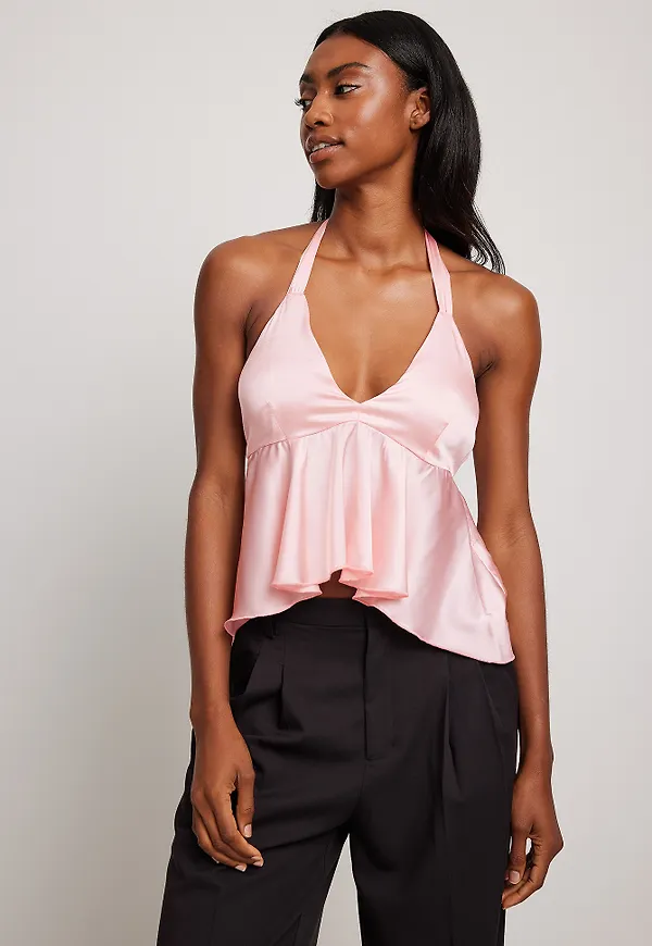 NA-KD Party Satin v-ringad topp - Pink