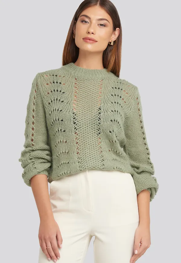 NA-KD Pattern Knitted Round Neck Sweater - Green