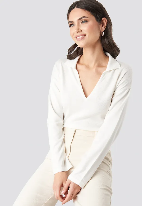 NA-KD Pique Collar Knitted Sweater - White