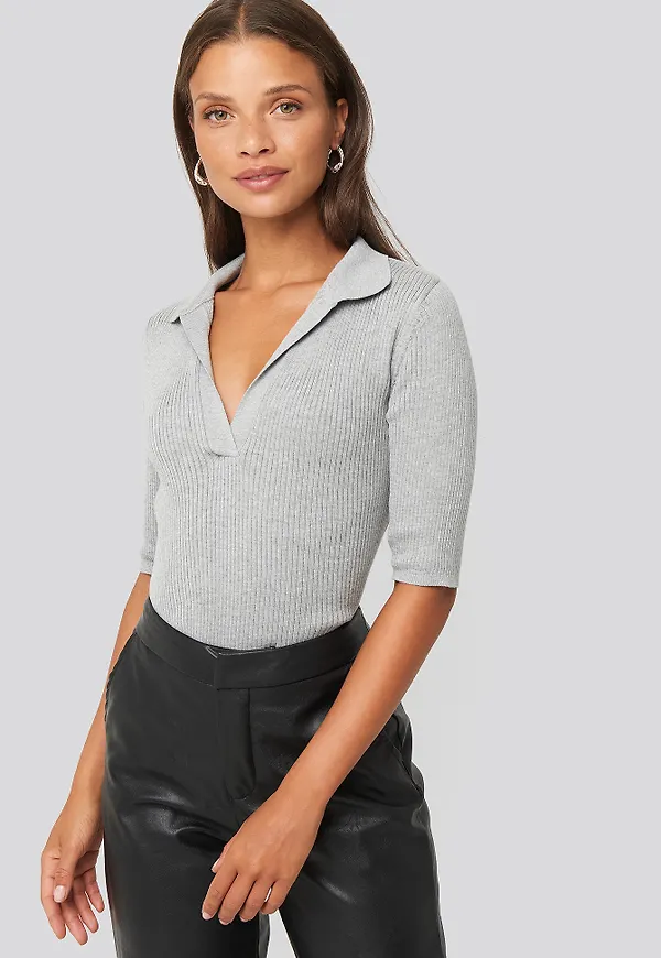NA-KD Pique Collar Knitted Top - Grey