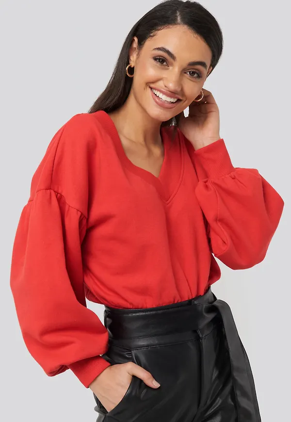 NA-KD Puff Sleeve V-neck Sweatshirt - Red