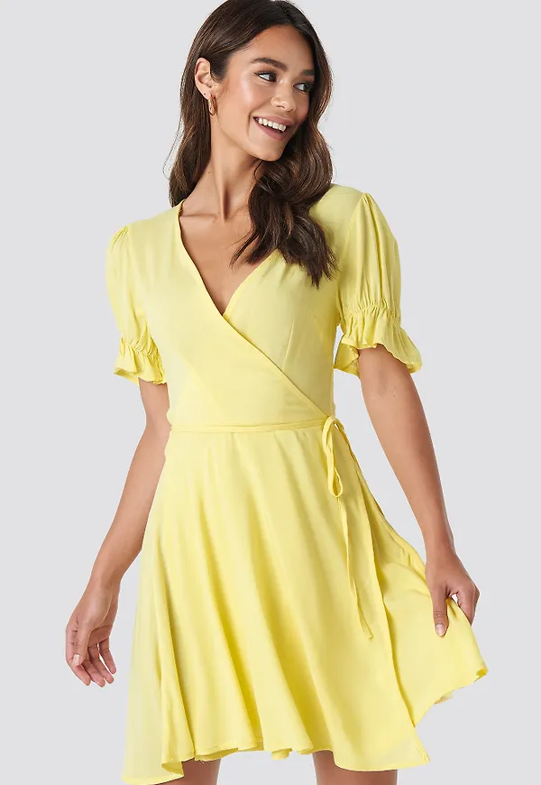 NA-KD Puff Sleeve Wrap Dress - Yellow