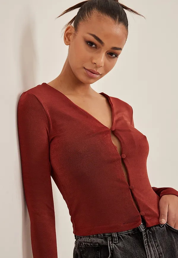 NA-KD Recycled v-ringad topp - Brown