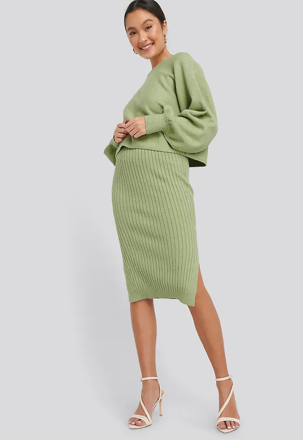 NA-KD Rib Knitted Skirt - Green