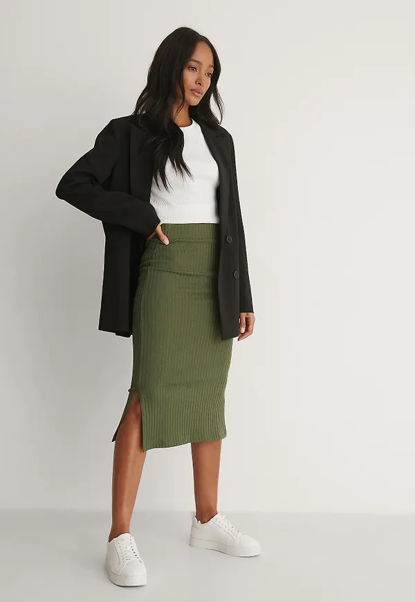 NA-KD Ribbad Kjol Med Slits - Green